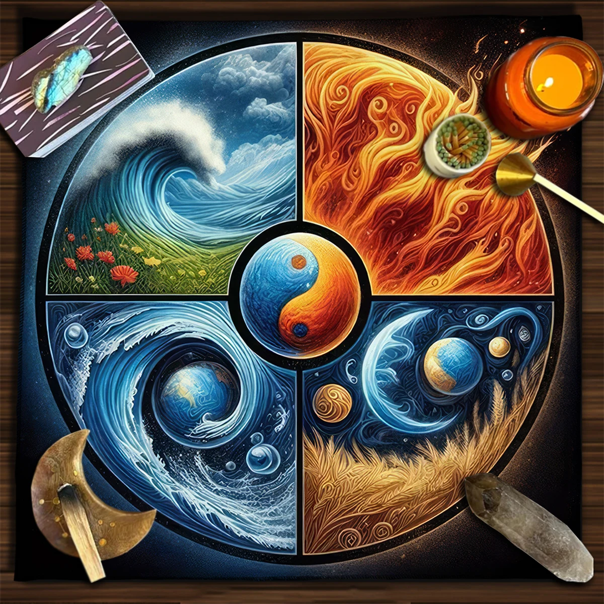 Harmony of Four Elements Altar Cloth Tarot ClothVibrant Yin-Yang & Planetary Polyester Divination Cloth Mystical Tarot Mat Decor