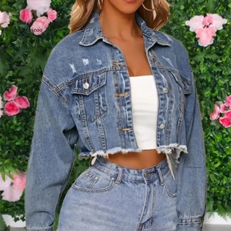 Autumn Burr Frayed Denim Women Short Coat Long Sleeve Turn-Down Collar Candy Color Female Jacket Vintage Streetwear Lady Outwear