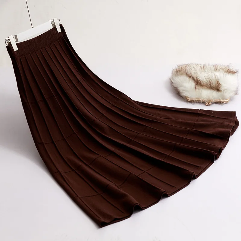 Winter Long Knit Skirts Warm Cashere Blend Plaid Knitted A-line Big Flared Maxi Long Skirts 90cm Coffee Gray Beige Khaki