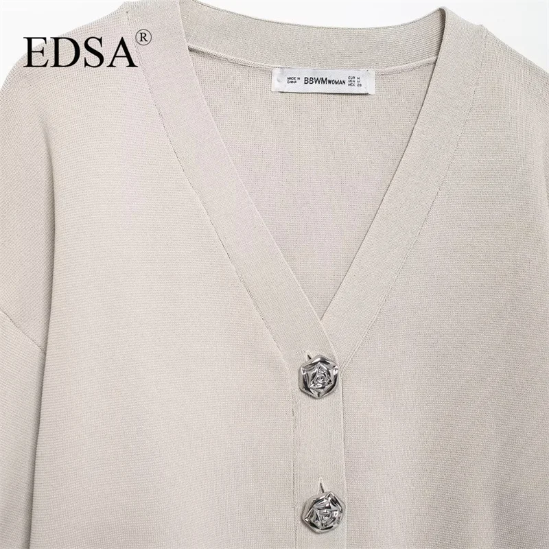 EDSA Women Casual Solid Cardigan V-neck Single Breasted Knitted Folds Loose Fashion Vintage Female Warm Sweaters