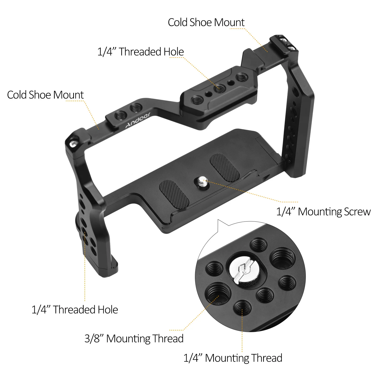 Andoer Camera Cage Video Cage with Dual Cold Shoe Mounts 1/4 Inch Threads for Sony A7IV/ A7III/ A7II/ A7R III/ A7R II/ A7S II