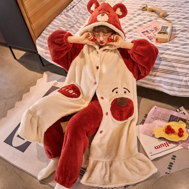 Winter Women Pajamas Lounge Wear Warm Comfy Sleepwear Kawaii Cute Fluffy Flannel Hooded Robe Pants Pajama Set Holiday Home Cloth