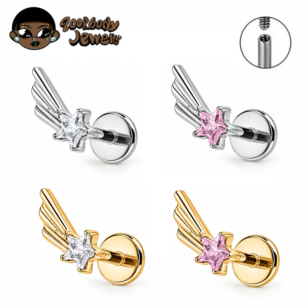 ZOOR ASTM F136 Titanium Star CZ Cartilage Earring 16G Wing Star Flat Back Stud Tragus Conch Helix Nose Labret Piercing