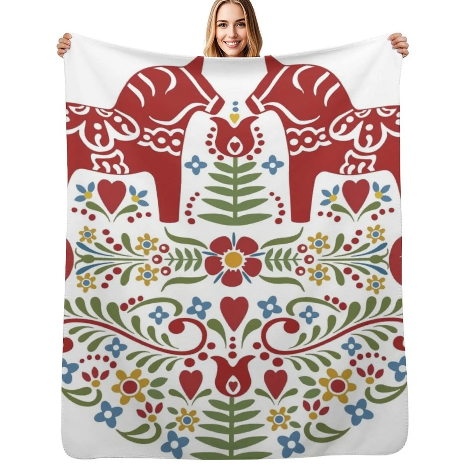 

Scandinavian Dala Horse, Swedish Folk Art Throw Blanket Flannel Fabric Giant Sofa Camping For Baby Blankets