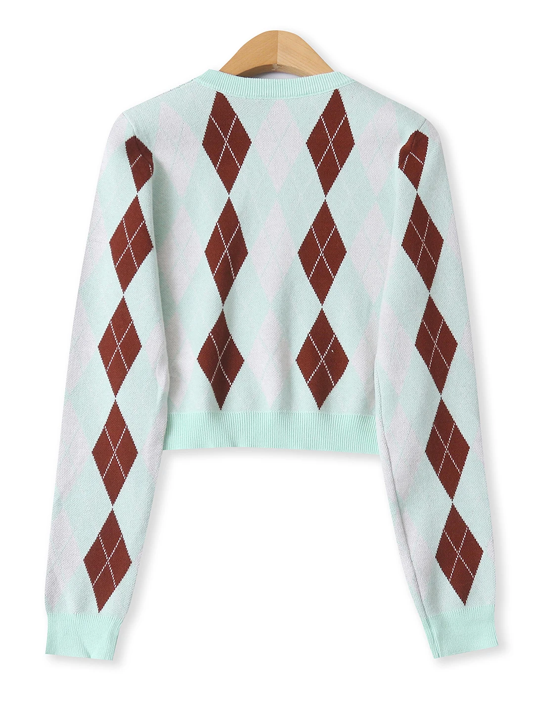 Suéter de Punto con Bloques de Color y Patrón de Diamantes, Cuello Redondo, Alta Elasticidad, Ajuste Deado, Manga Larga, Mo...