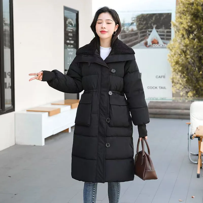 2024 autumn and winter big lapel down feather cotton-padded jacket women's long rose pink short Korean waist cotton-padded coat