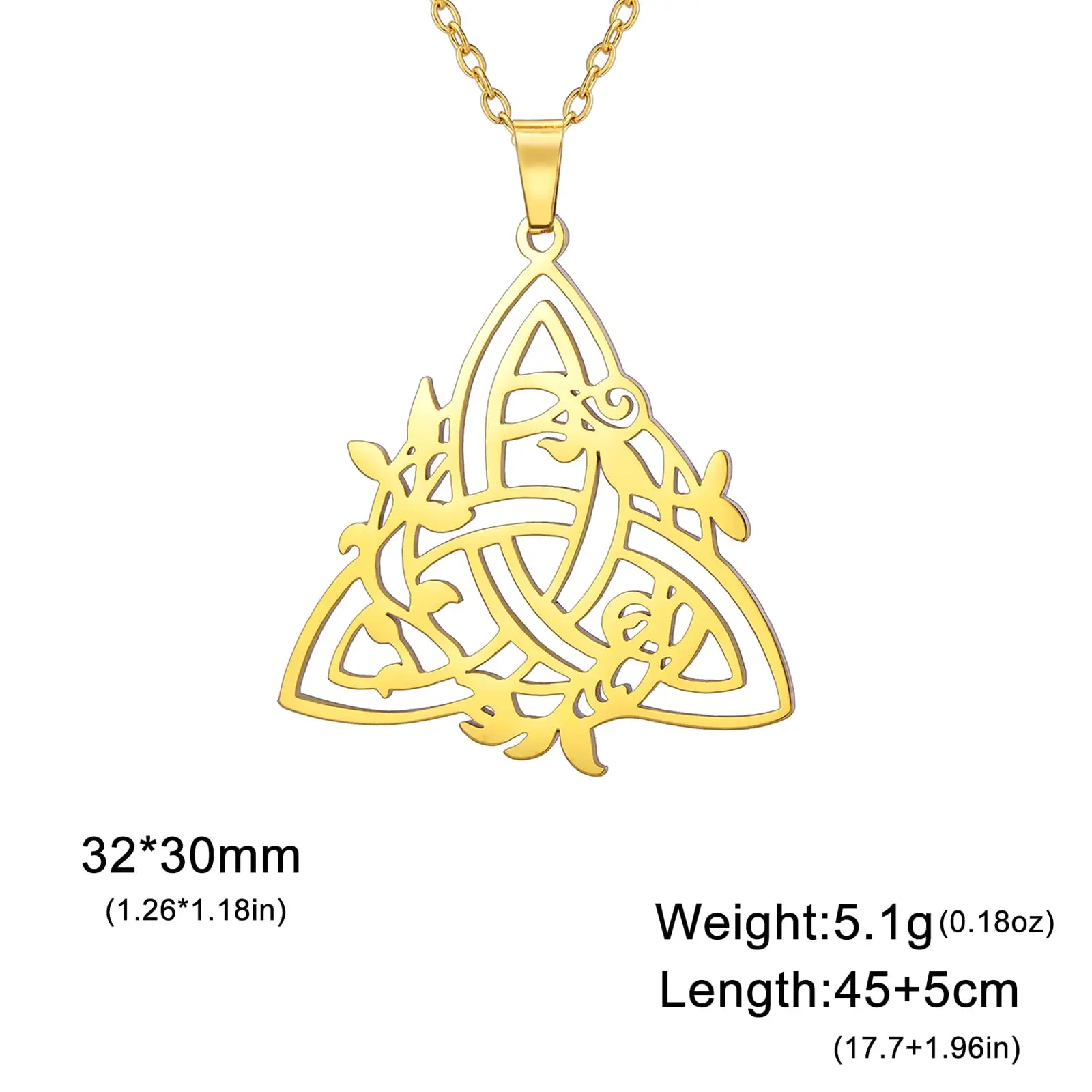 VASSAGO Stainless Steel Celtic Knot Necklace Irish Trinity Knot Pendant Triangle Pendant with Vine Leaf Necklace Amulet Jewelry