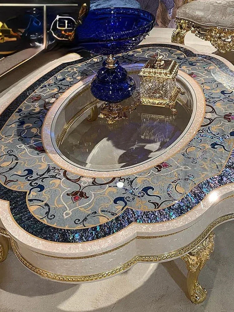 Colorful Shell Mosaic Oval Tea Table Luxury Solid Wood Carved Tea Table Villa