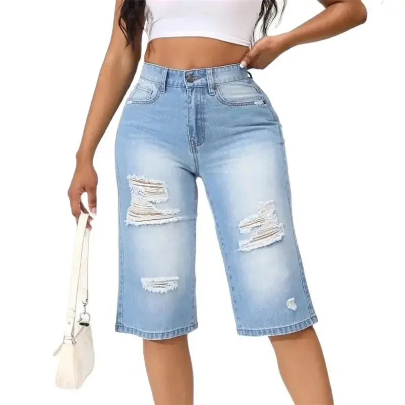 

Fashion Broken Holes Seven-quarter Length Trousers Women Mid-length Jeans Comfortable Casual Commuter Female Short Denim Pants 4