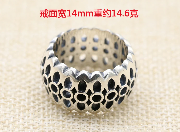 Fashion 925 Sterling Silver Hollow Cherry Blossom Ring Mature Men's Index Finger Temperament Retro Trendy Thai Silver Ring Wide