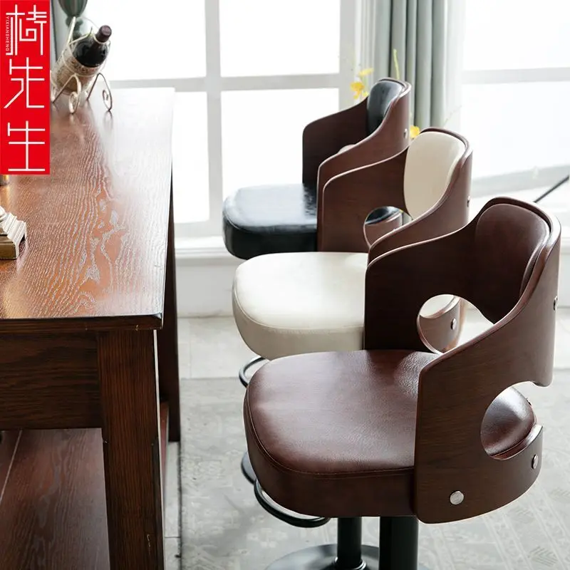 Solid Wood Bar Stool Lifting Backrest High Stool Cashier Bar Chair Front Desk High Stool Kitchen High Dining Chair