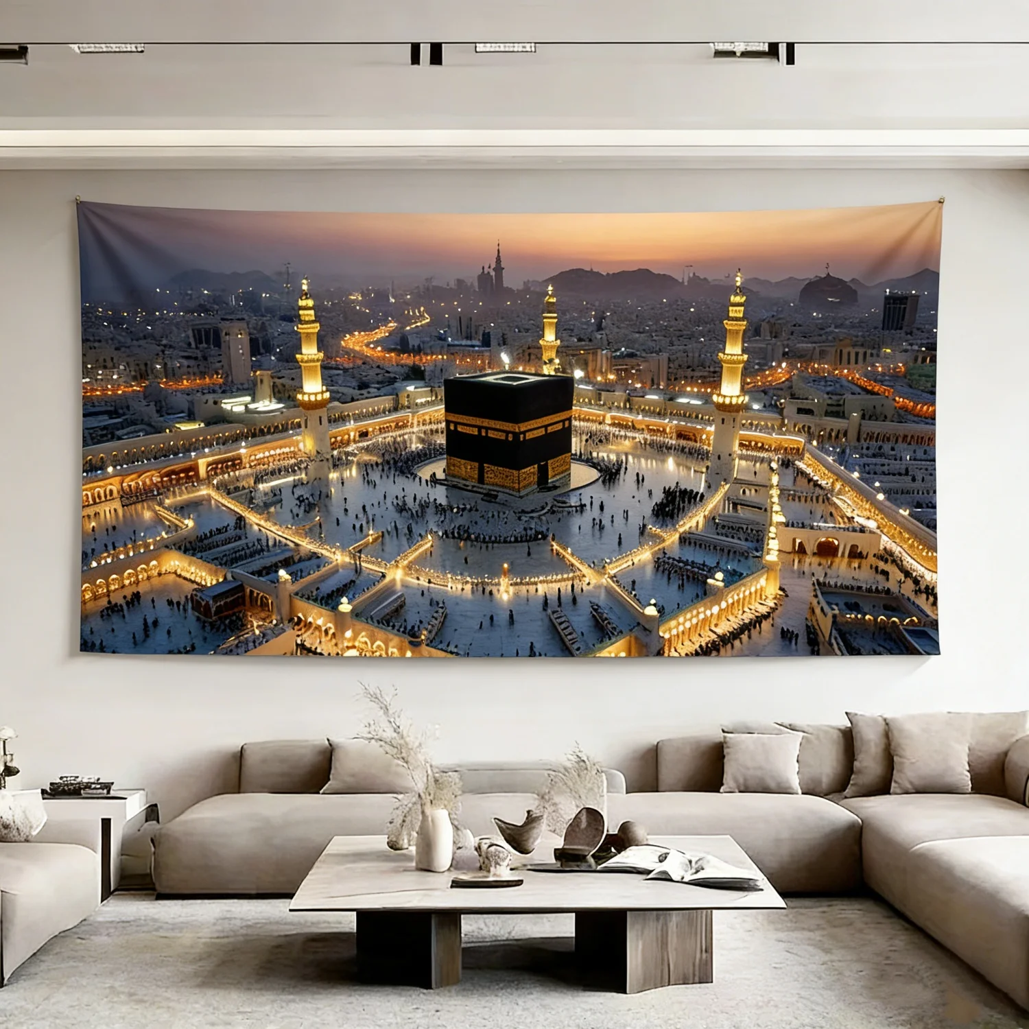 Islamic Architecture Night View Theme Tapestry Mecca Mosque Design Flat Print for Living Room Bedroom Decor Multi-Size