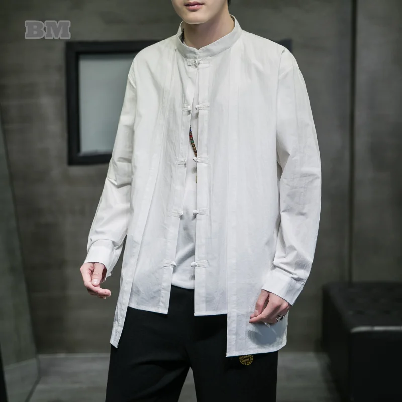 Chinese Style Coat Disc Button Fake Two Long Sleeve Shirts Improved Hanfu Tang Suit Plus Size Tai Chi Suit Men Clothing