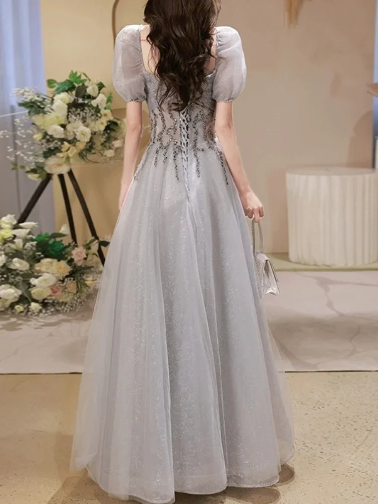 Customized Elegant French Square Collar Puff Sleeve Vestidos Aesthetic Sequin Appliques Slim Waist Princess Dress Sweet Mesh Tie