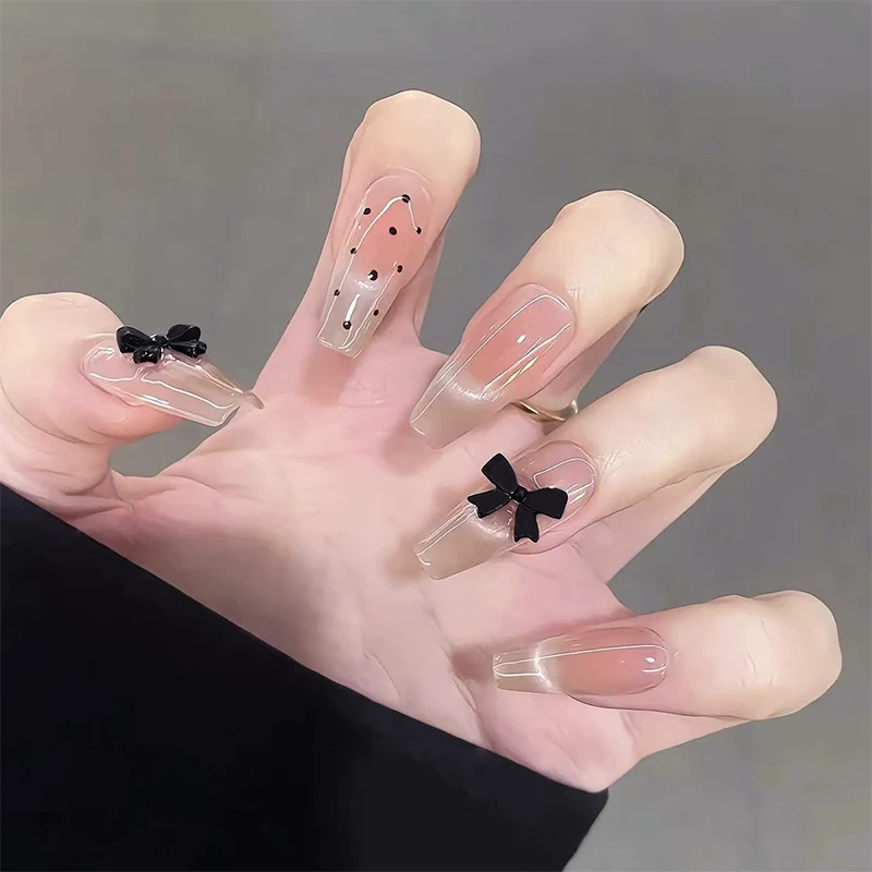 

Black Bow Handmade Press on Nails Wearing Armor Naked Cat Eyes Black Polka Dot Minimalist Nail Art