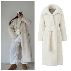 Winter warm long lamb wool coat for women French style niche design with belt fur coat