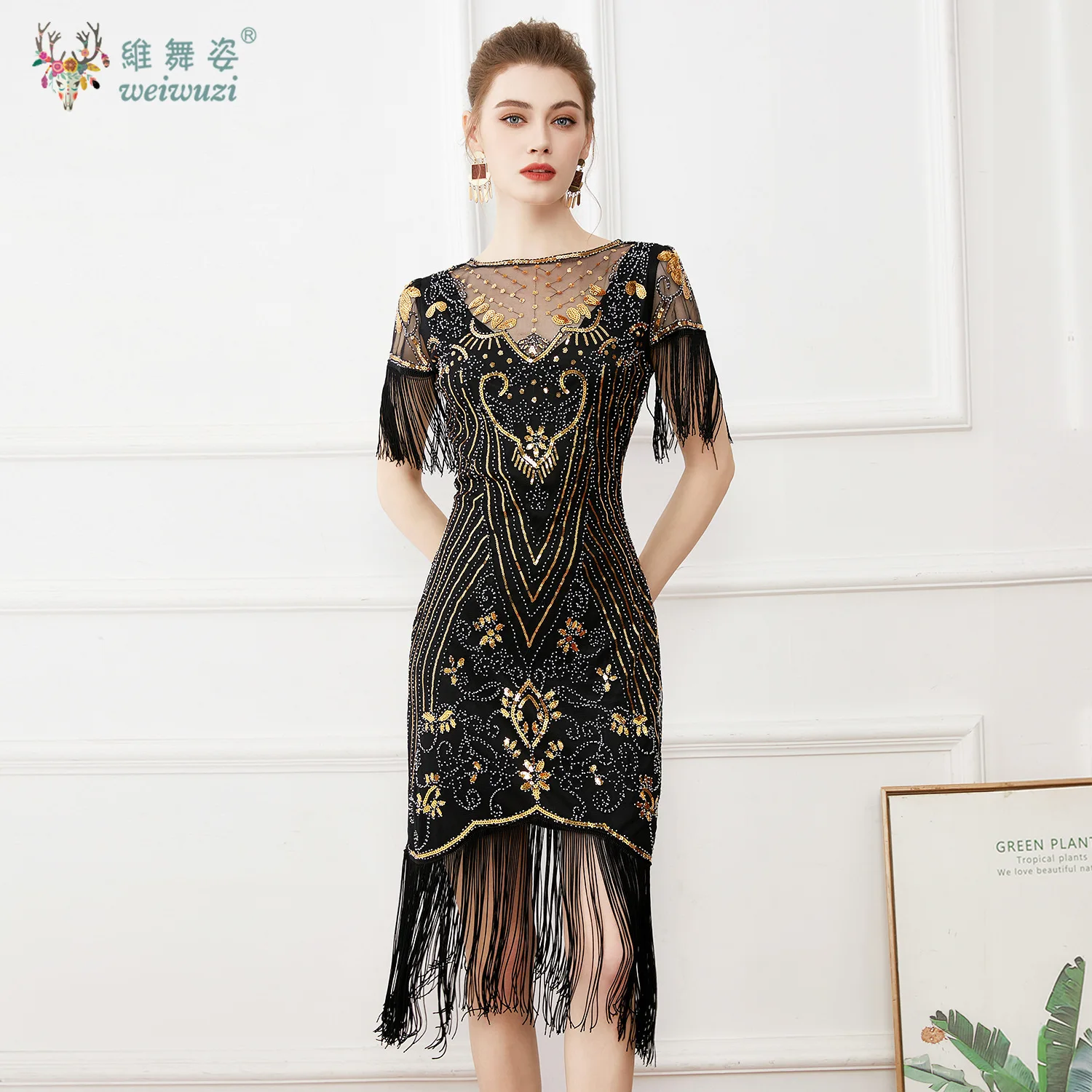 

Vintage Ball Plus Size Slim Fit Sequin Studded Mesh Deep V-neck Dress Embroidered Tassel Short Sleeved Dress Cocktail Party
