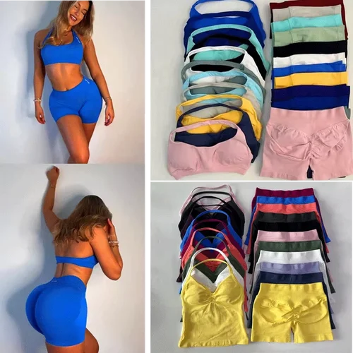 Dfyoga logo 2 uds Impacts conjunto de gimnasio camisetas sin mangas cintura alta Scrunch pantalones cortos sin costuras traje de gimnasio ropa deportiva entrenamiento