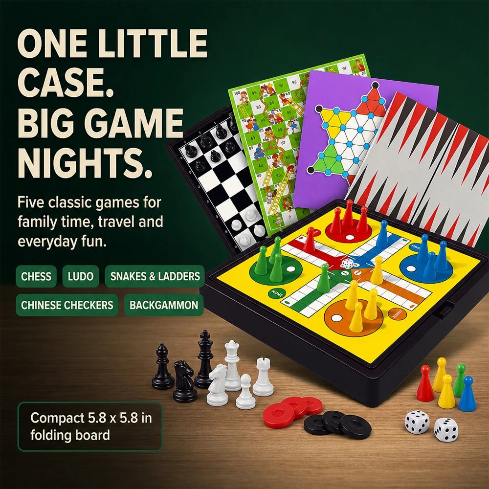 5 in 1 Board Game Set Portable Foldable Multi-game Chess Box with Chess Ludo Snakes & Ladders Chinese Checkers Backgammon High-Quality Multi-player Family Interactive Toy Gift for Kids & Adults