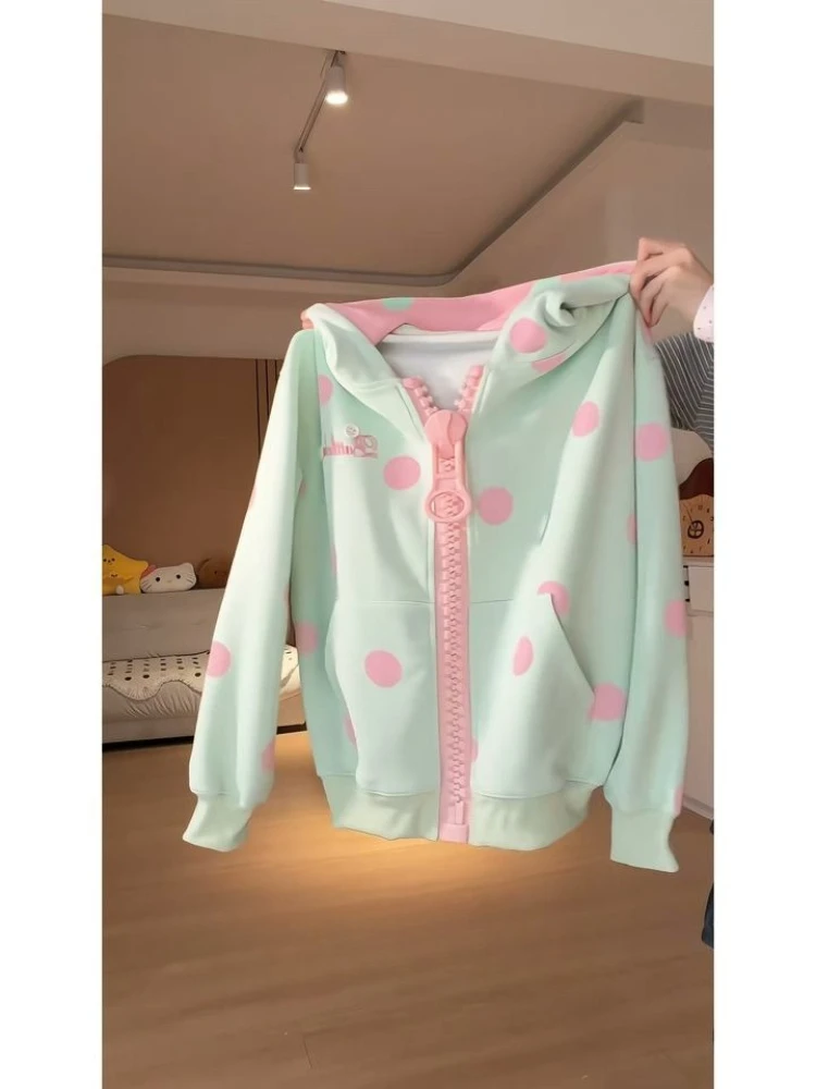 Kawaii Harajuku Y2K Fashion Hoodies Women Pink Polka Dot Oversized Zipper Jacket Front Pocket Loose Fit Casual Daily Sweatshirts