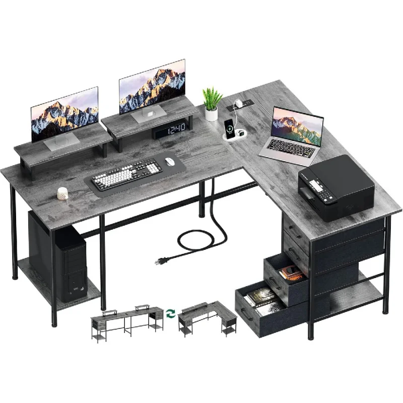 

L Shaped Computer Desk with Power Outlets, Home Office Desk with 4 Adjustable Storage Drawers & 2 Monitor Stands, Two Person