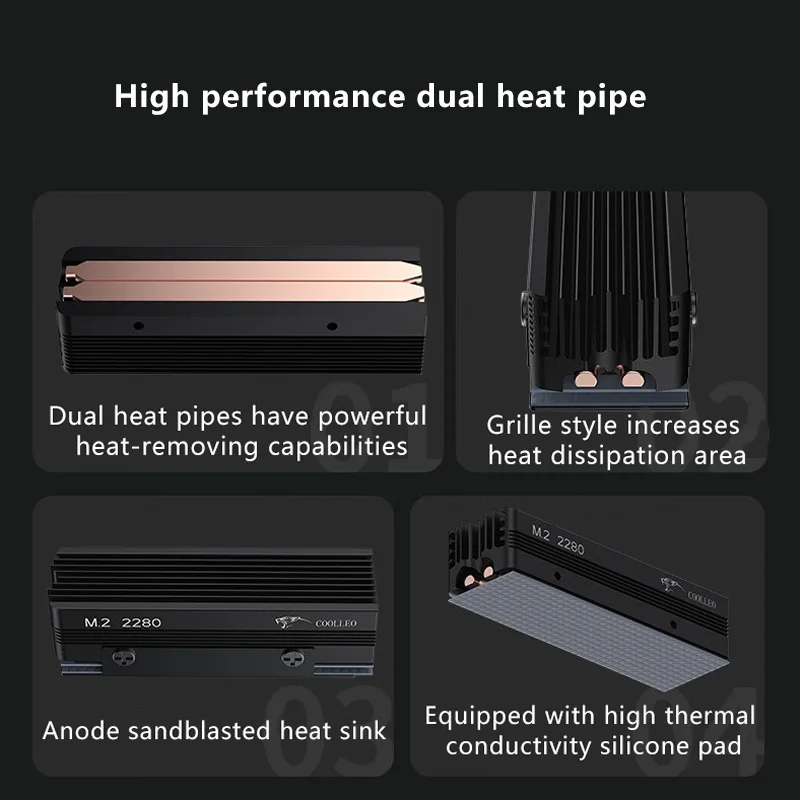 COOLLEO M.2 2280 SSD Heat sink with 14.8W/MK Thermal Pad 2 Heat Pipes Solid State Drive Radiator For M.2 NVMe 2280 SSD Cooler