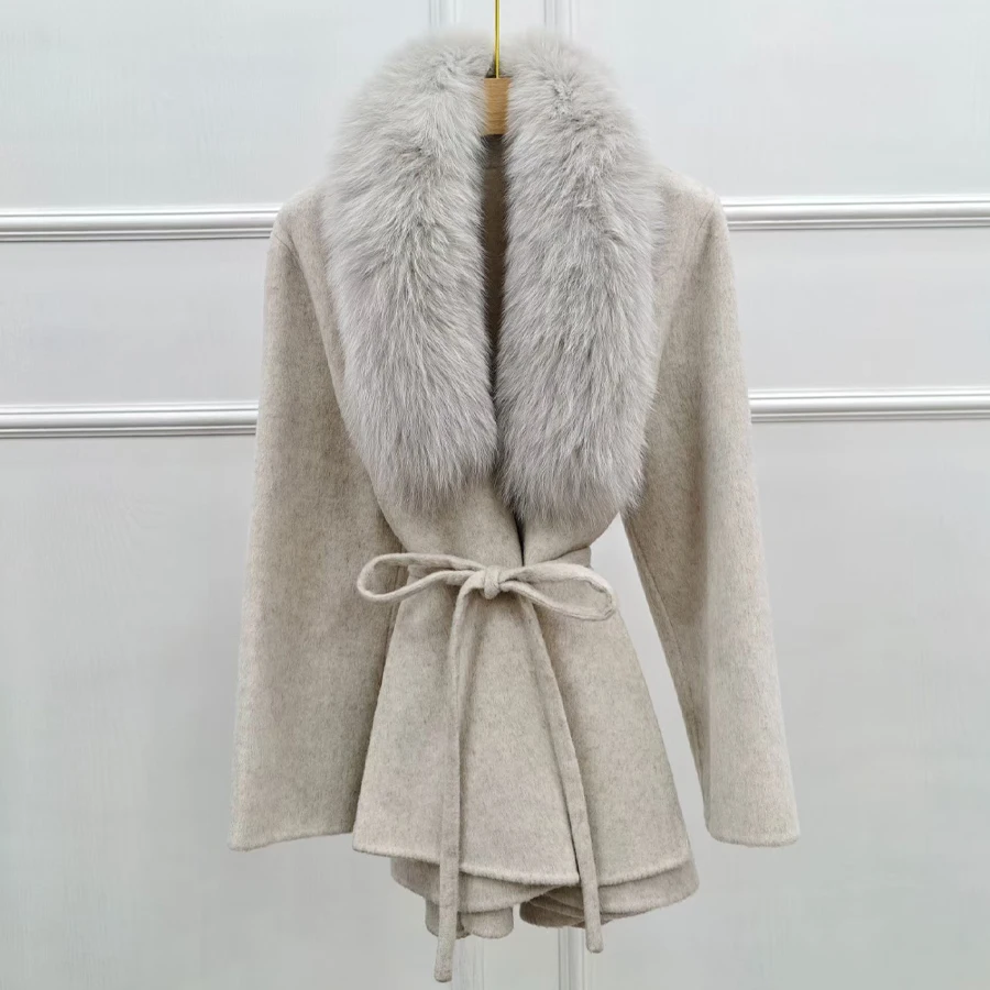 Nuovo cappotto in cashmere da donna misto lana vera pelliccia di volpe finiture giacche in pelliccia naturale abiti di lusso giacca in lana di cashmere