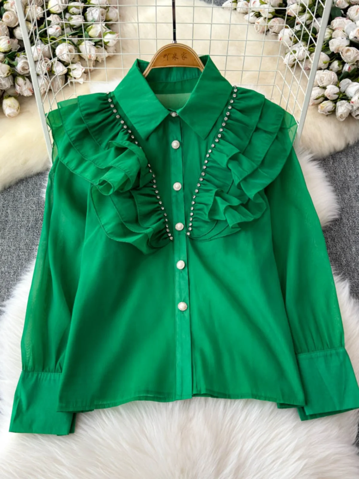

Korean Sle Loose Fit irt Women's Faionable Button up Diamond Embellied Lace Trim See tough Top Autumn New Arrival