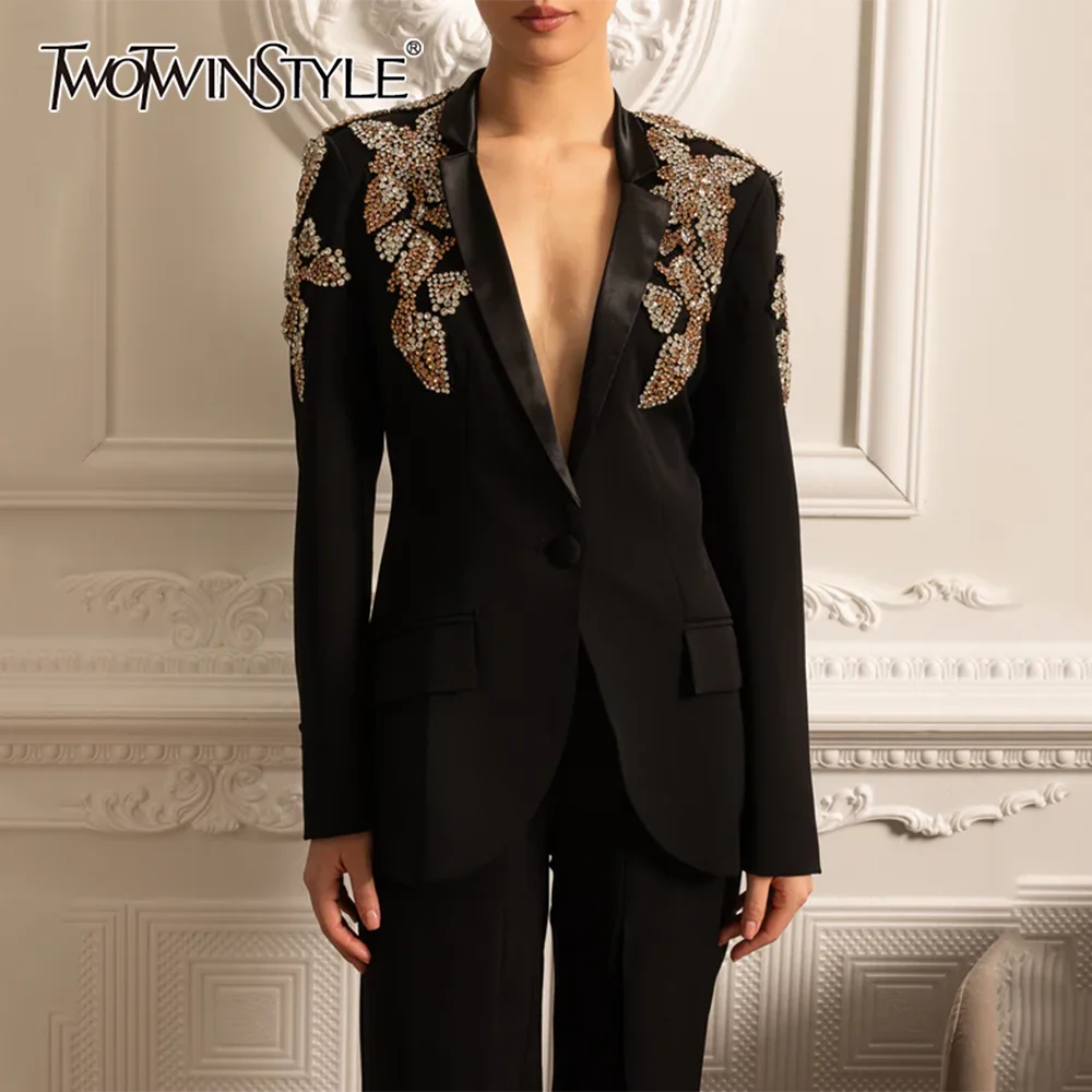 

TWOTWINSTYLE Black Spliced Diamonds Basics Jacket Female Lapel Long Sleeve Slimming High End Women's Jackets Autumn Fashion New
