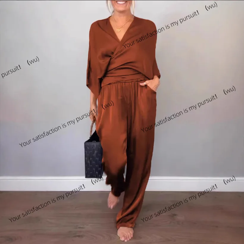 

Европейская и американская женская одежда, летняя мода, однотонный атласный топ с короткими рукавами + комплект брюк