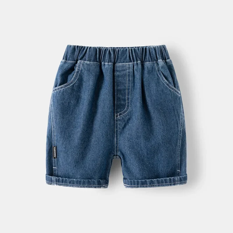 Summer Boys' Mid-Waist Denim Capris Stylish Elastic Waist with Pockets Solid Color shorts Available for Ages 3-8, 2 Colors