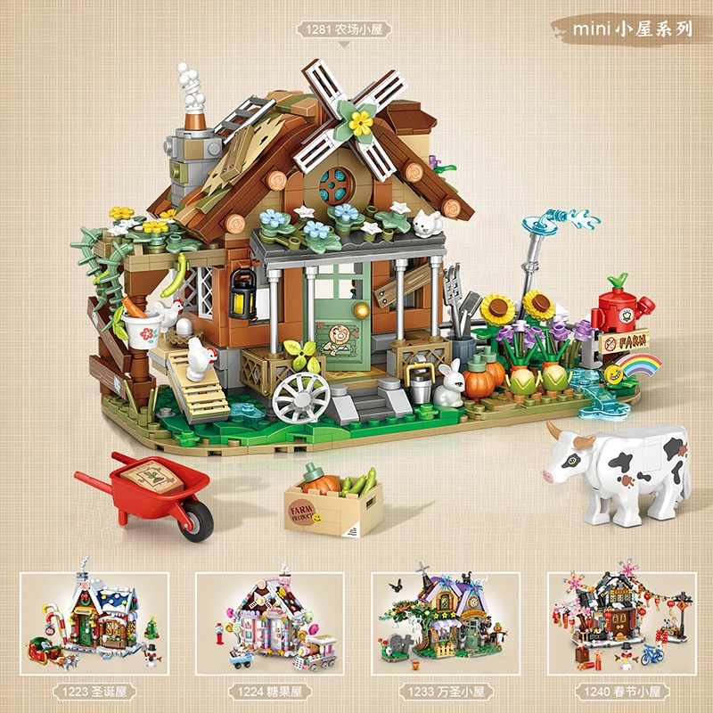 LOZ Creative Windmill Farm House Animal Homeland Building Block Moc Farm Cabin Garden Cart Cow Toys Assembly Brick For Kids Gift