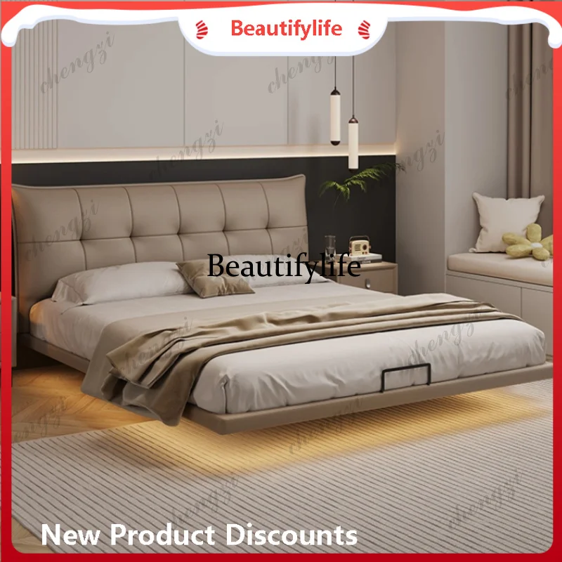 

HModern simple leather suspension bed with light Double bed 2 people lit 150x200 180x200 200x220 cm bedroom beds frames furnitu