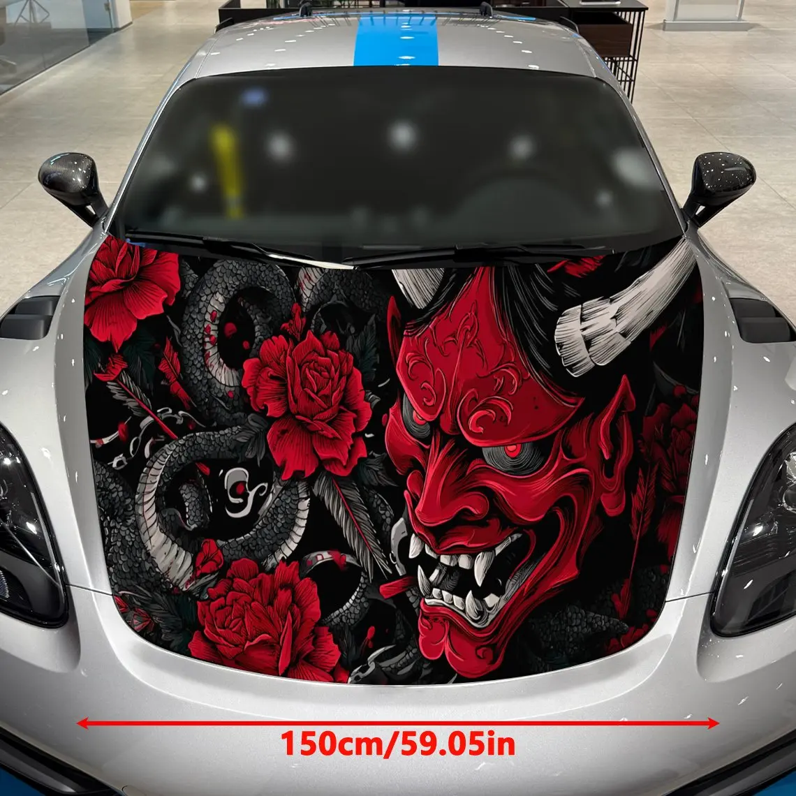Red Oni Mask with Black Snake and Red Peonies Car Vinyl Wrap, PVC Material Waterproof Car Hood Sticker, Self-Adhesive Scratch-Re