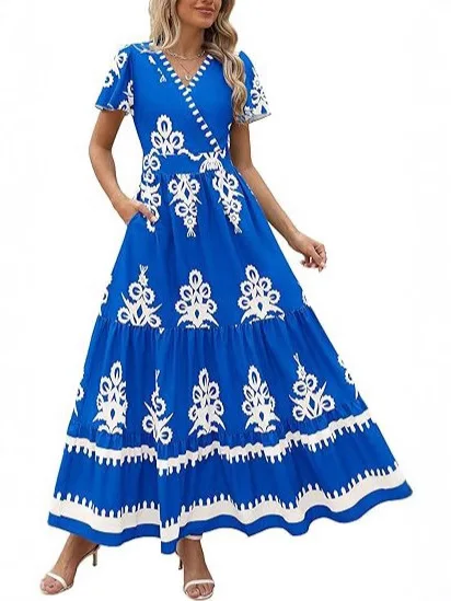 2025 europeu e americano novo decote em v boêmio elegante manga chifre em camadas vestido floral
