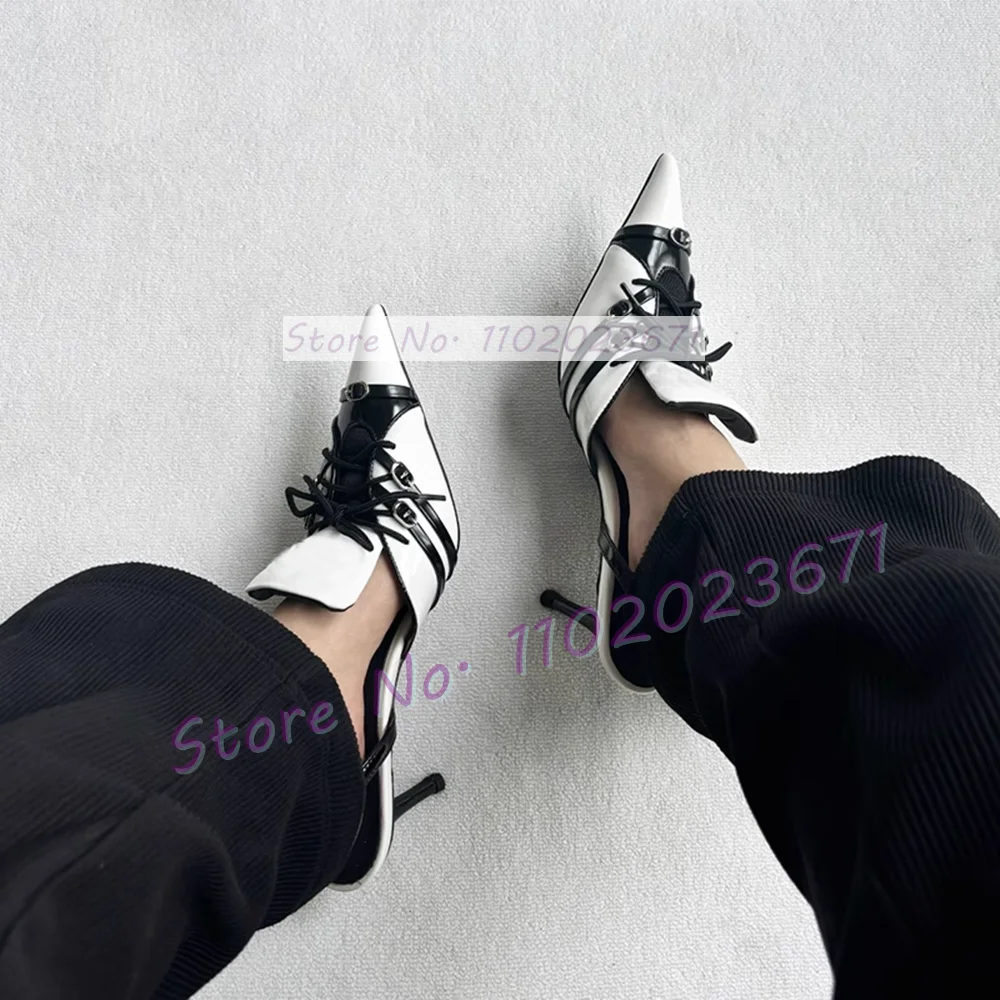 Sexy Belt Buckle Strap Pointy Sandals Women Red Patent Leather Punk Mixed Colors Sandals Female Summer Party Back Strap Shoes