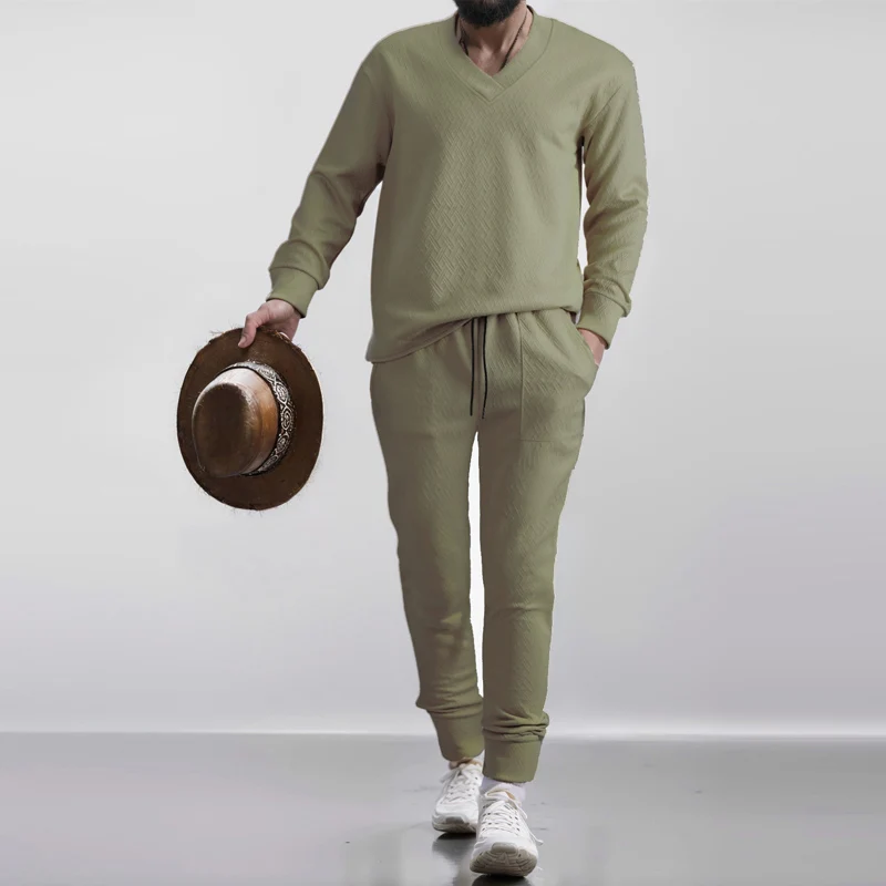 

New Autumn Fashion Loose V Neck Long Sleeve Shirt Tops And Lace-up Pants Suits 2024 Men Clothing Casual Two Piece Jacquard Set