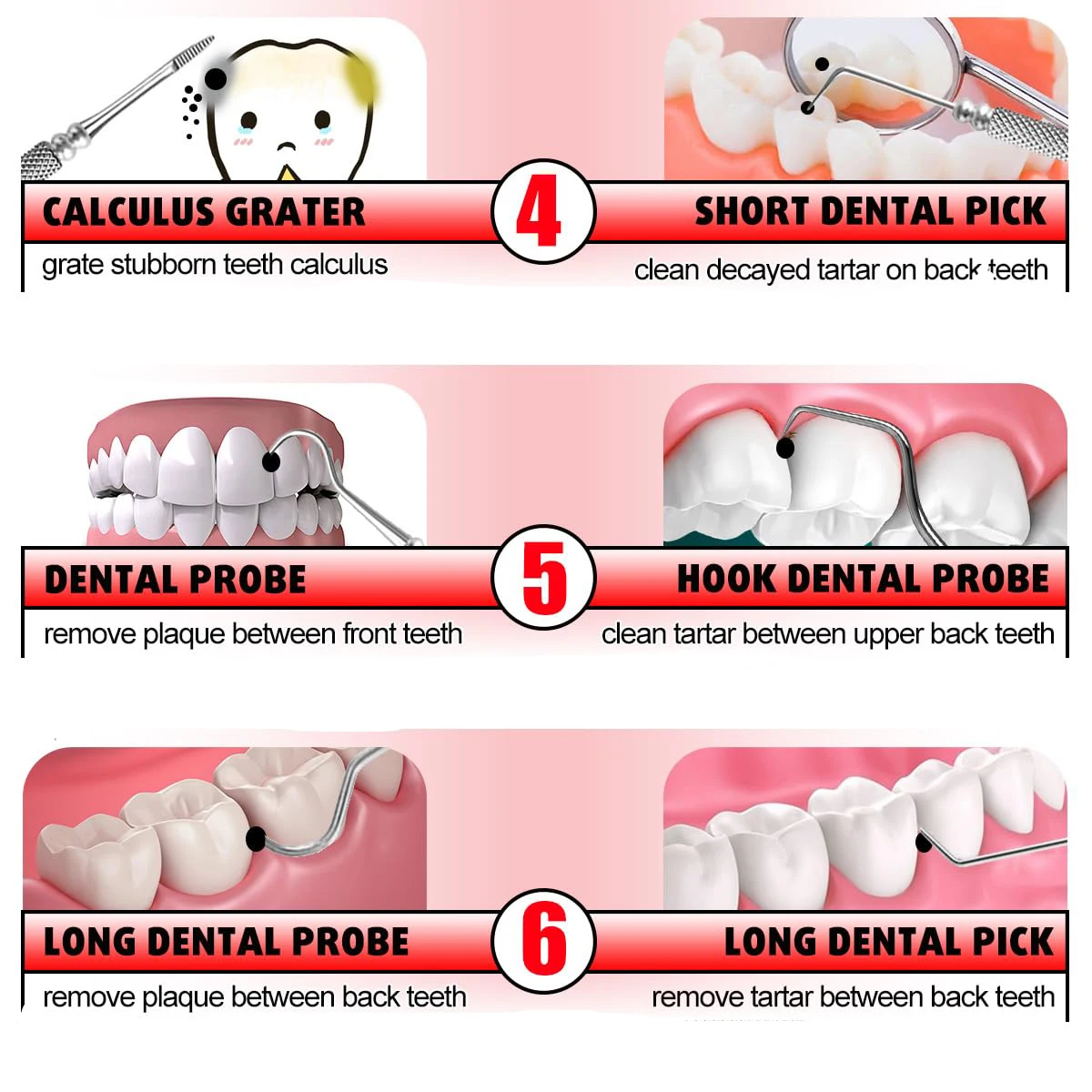 Herramienta de limpieza de dentistería para mujer, 6 unidades/caja, esterilizable, de acero inoxidable, sonda de espejo Dental, pinzas, eliminador