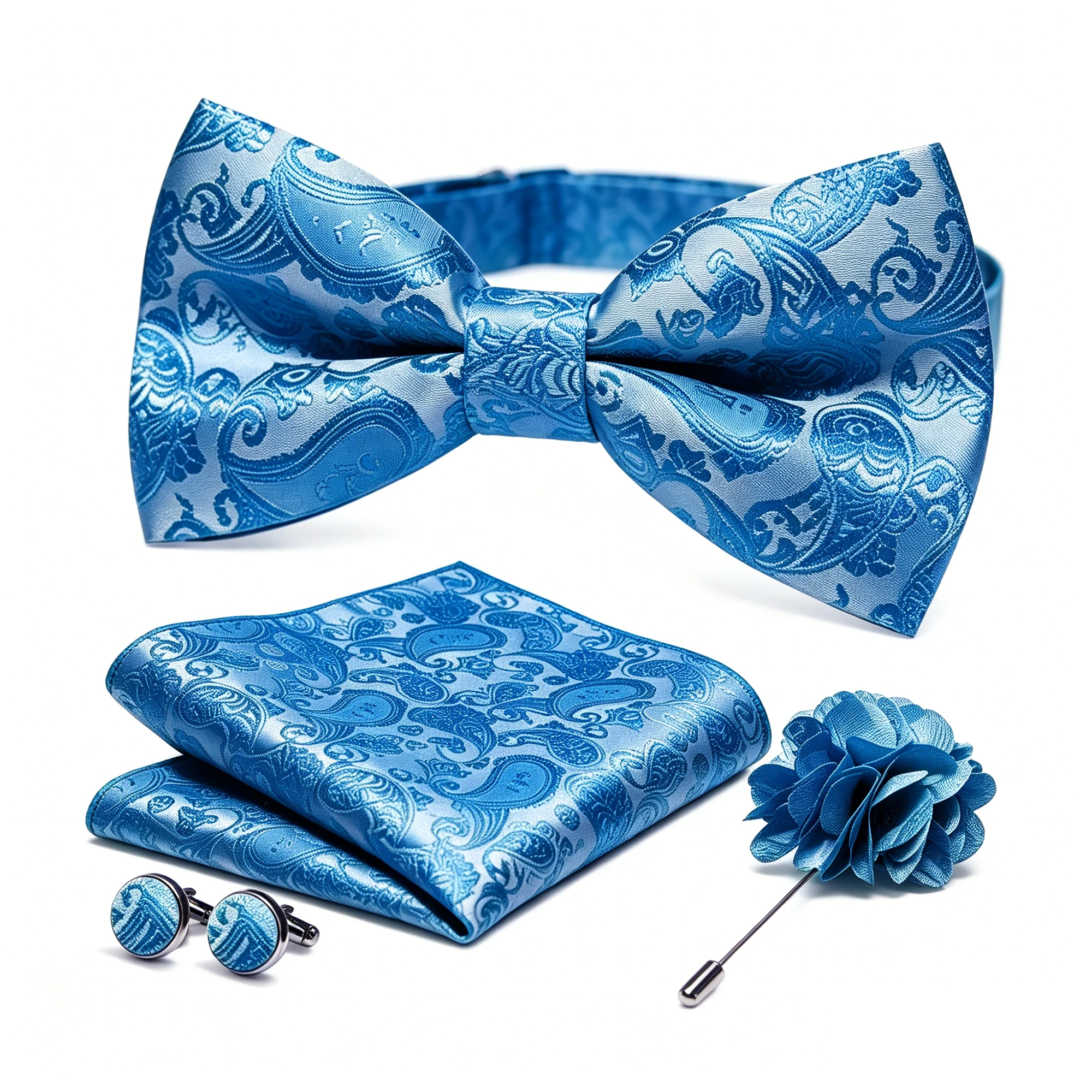 36-teiliges Set: Schwarze Seiden-Jacquard-Paisley Herrenfliege, Brosche, Einstecktuch und Manschettenknöpfe – Vorgebundene Schmetterlingsfliege für Herren, Hochzeit und Business – Detail 7