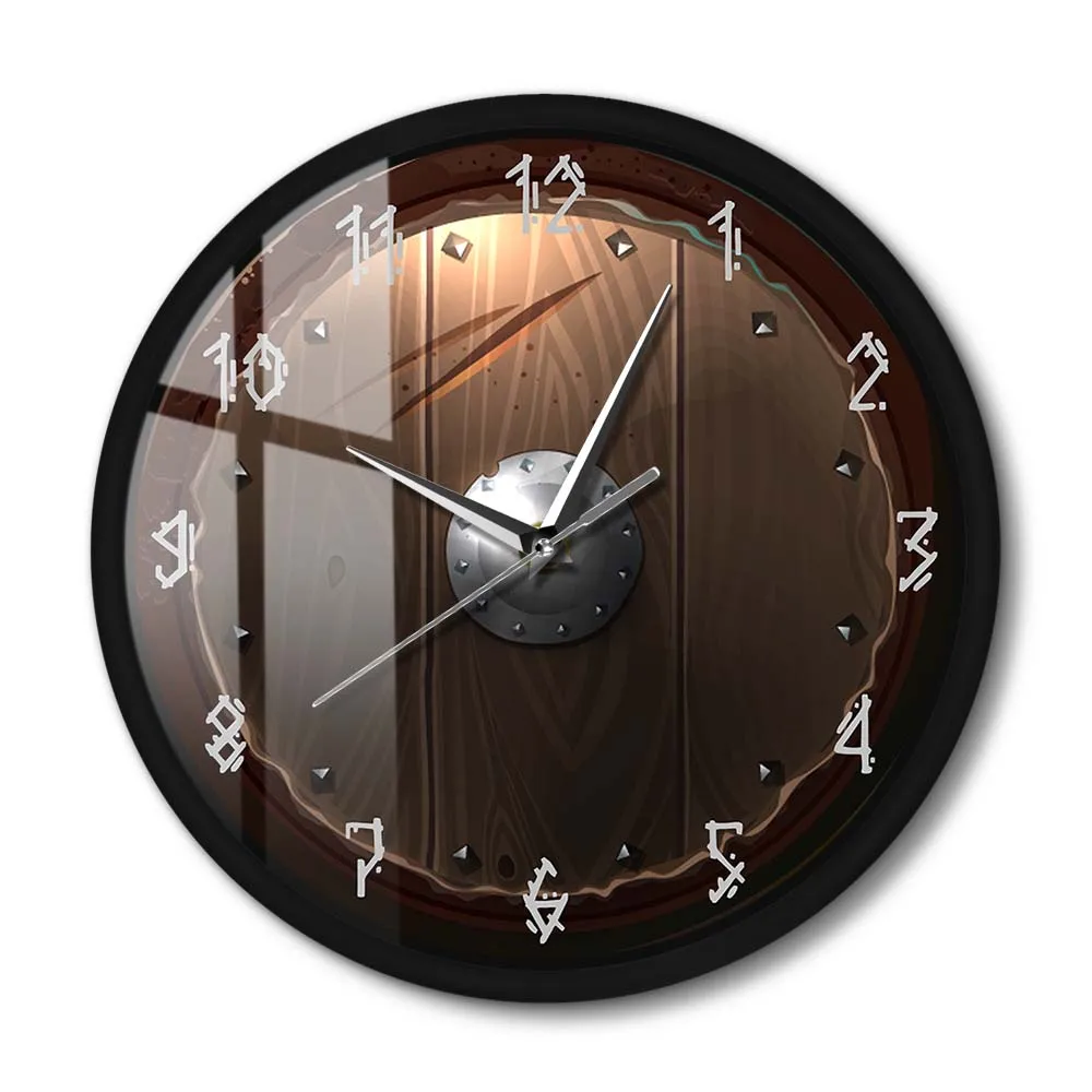 Barbarian Shield Indoor Metal Frame Wall Clock Silent 3D Vision Hanging Wall Watch Viking Barbarian Medieval Man Cave Home Decor