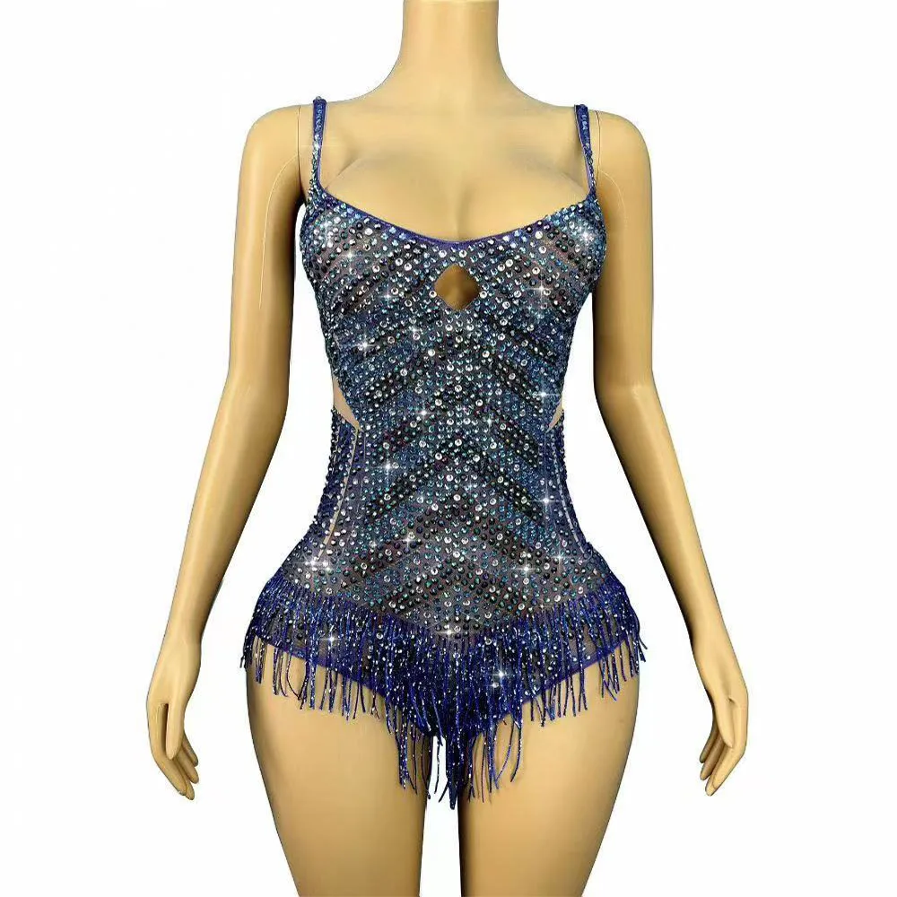 

Cutout Rhinestone Fringe Bodysuit In Blue Handmade Rhinestones Tassels Bodysuit Women Party Fashion Show Photoshoot Stage Wear
