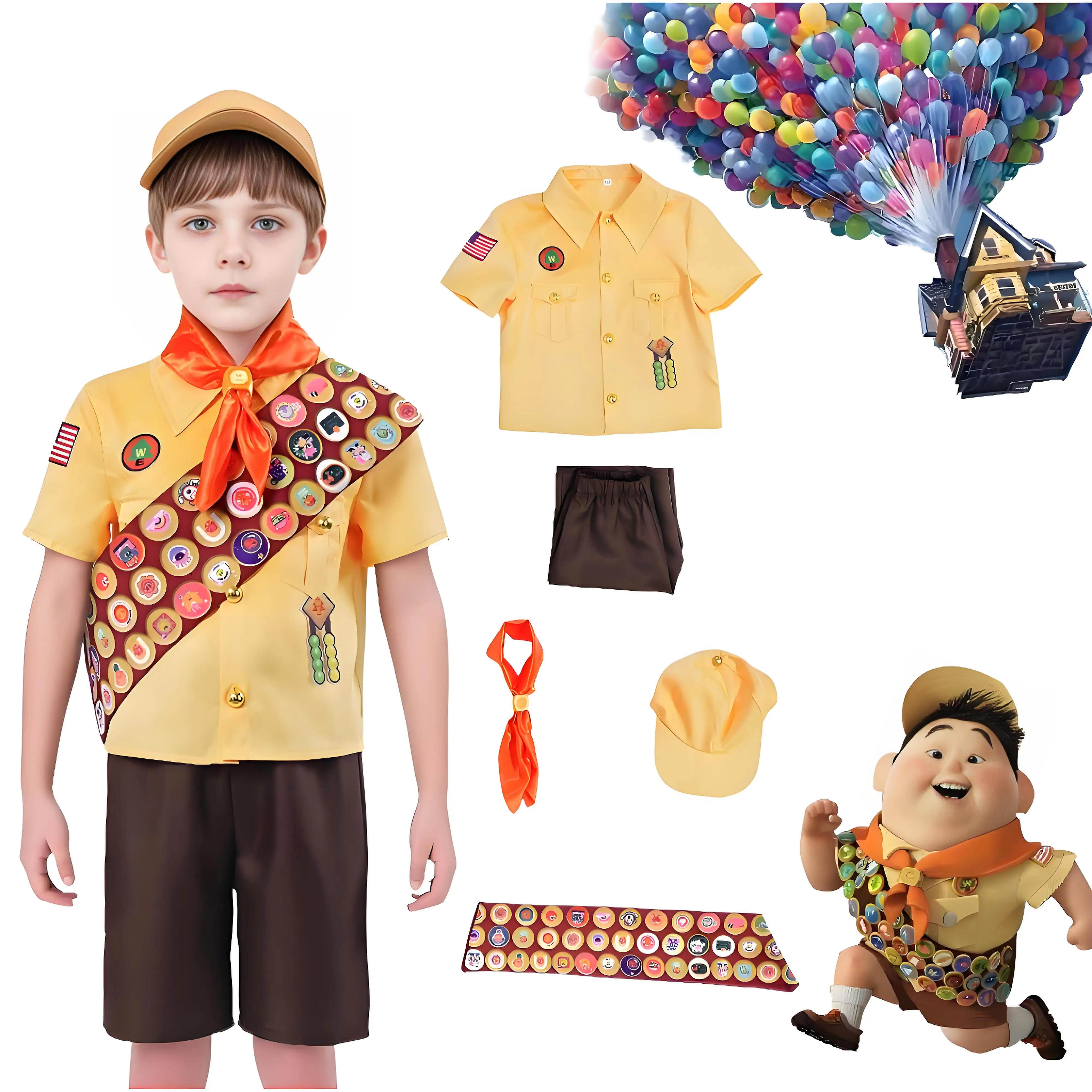 

Anime Wilderness Explorer Cosplay Costume Film Up Russell Yellow Shirt Shorts and Hat Outfits for Halloween Party Clothing