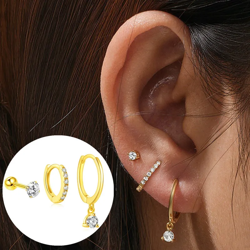 3PCS Crystal Huggie Hoop Earring Set For Women Girls Cz Cartilage Earring Bulk Helix Hoops Jewelry Fashion Tragus Piercing Lots