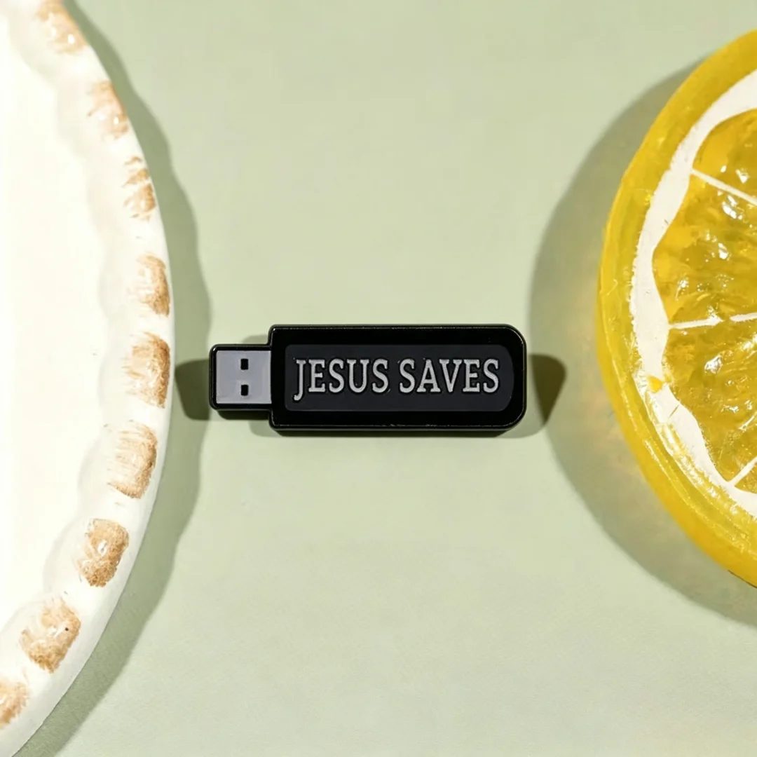 Christian Faith USB Stick Enamel Brooch Jesus Saves Text Religious Belief Design Metal Lapel Pin Bag Hat InspirationalDecorBadge