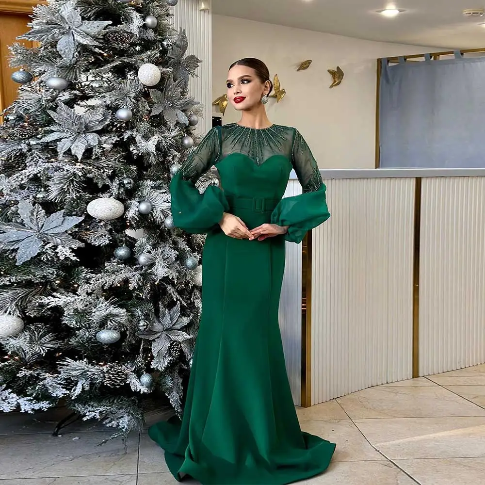 Customized Mermaid Evening Dress Solid Crew-Neck Puff Sleeve Beaded Belt es Saudi Arabian Women's Formal Occasion Celebrity Gown