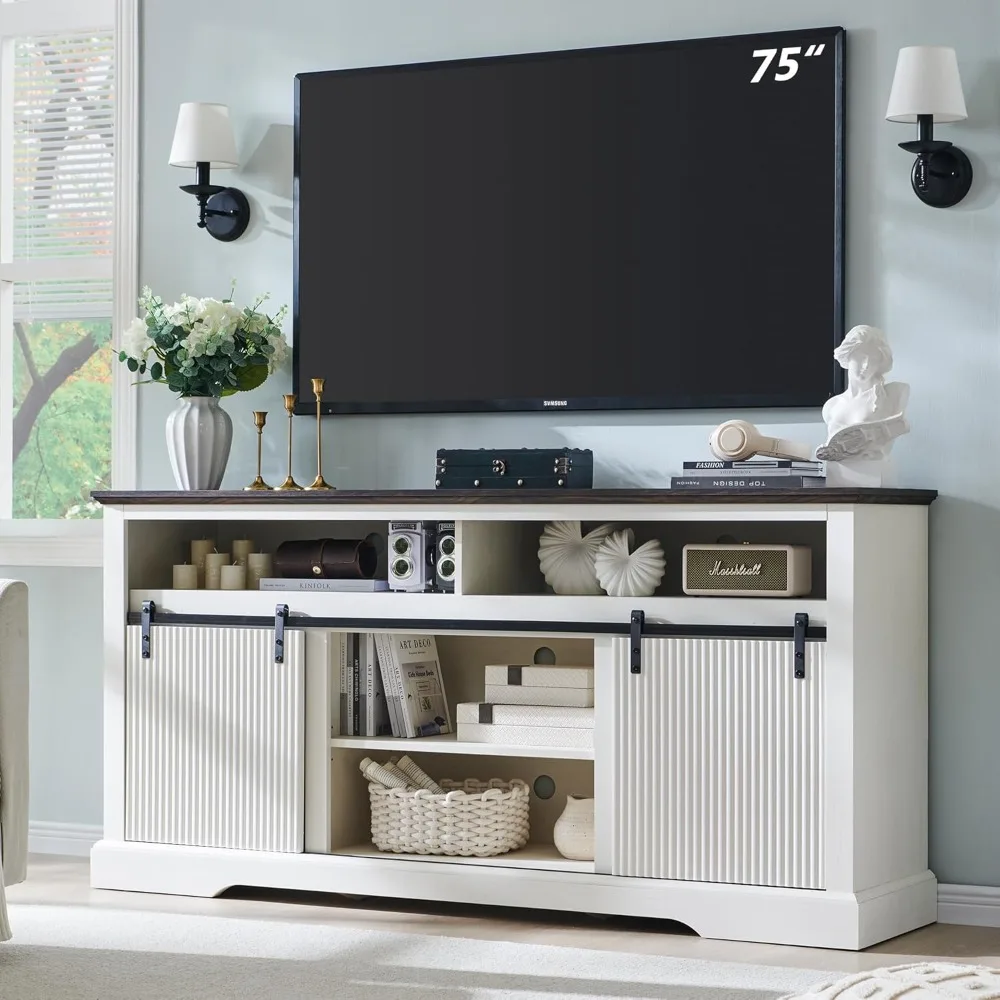 

Fluted TV Stand for 75 Inch TVs, 32" Tall Modern Entertainment Center with Waveform Panel Sliding Door, Media Console with Stora