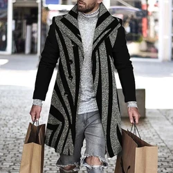 Autumn Winter Retro Print Woolen Coat Men Casual Single Breasted Lapel Long Sleeve Coat Men Fashion Loose Pocket Mid Long Jacket