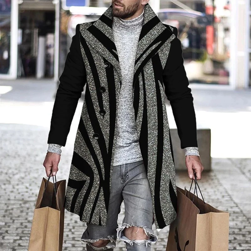 Jesień Zima Retro Print Wełniany Płaszcz Męski Casualowy Jednorzędowy Płaszcz z Długim Rękawem Moda Męska Luźna Kieszeń Średnio Długa Kurtka