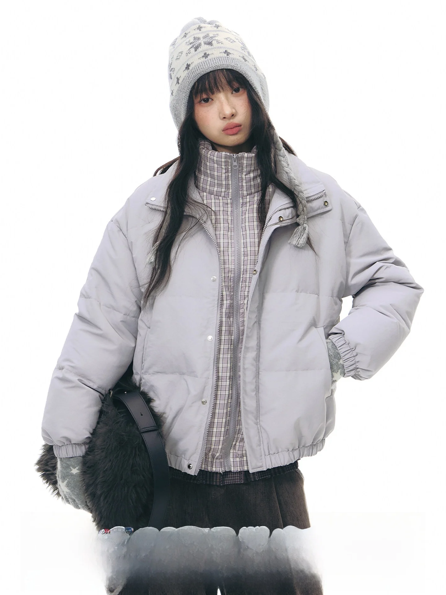 

NAPSNAPS Original Plaid Stand Collar Du down Jaet Women's Winter New Sle 90 White Du Feather Warm Top