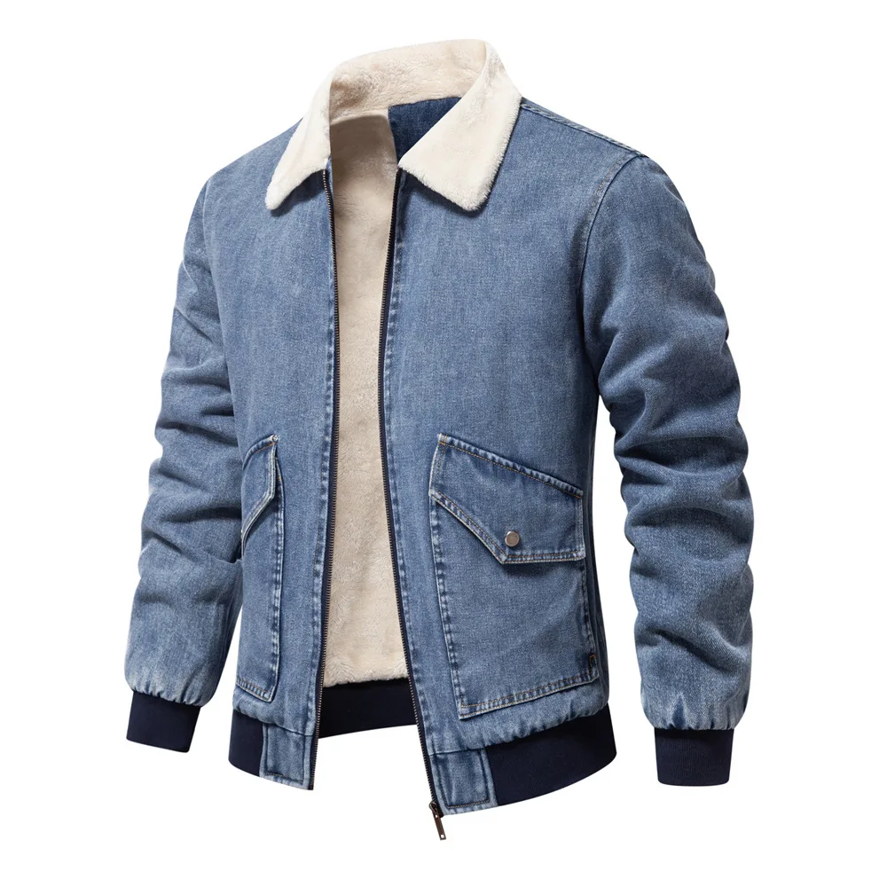 Autumn Winter Fleece Washed Denim Jacket Men's Thick Casual Outerwear
